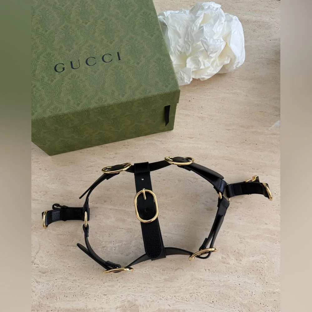 NWB Gucci GG Logo Leather Pet - Dog Black Harness Size L